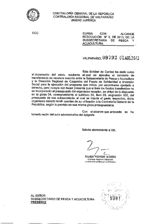 Res. Af. N°05-2013, Aprueba convenio de transferencia para ejecución de programa "Transferencia integral y replicable para el desarrollo sustentable de la pesca artesanal en la región de Coquimbo" celebrado entre el Fondo de Solidaridad e Inversión Social región de Coquimbo y la Subsecretaría de Pesca / Fondo de Administración Pesquero
