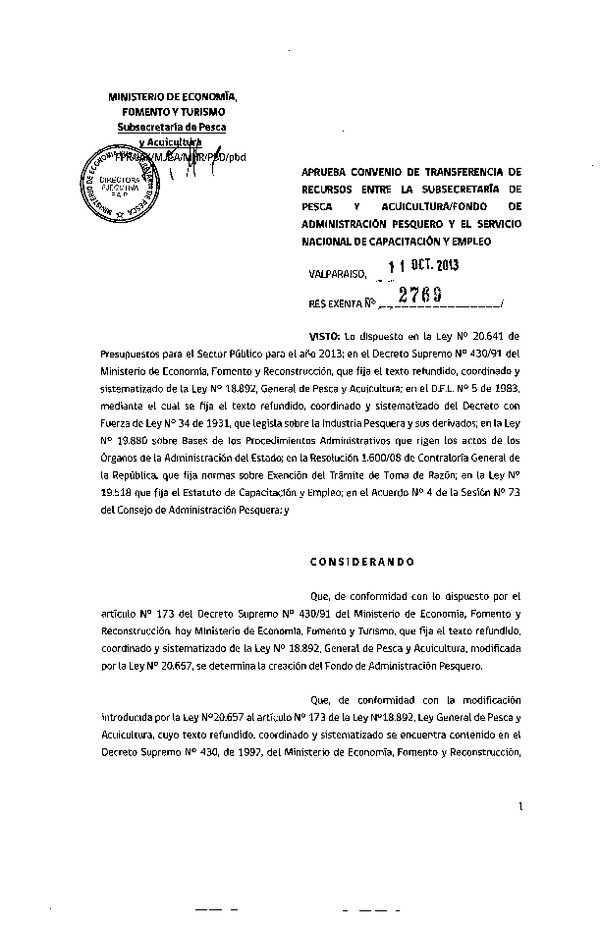 Res. Ex. N°2769-2013, Aprueba convenio de transferencia de recursos entre la Subsecretaría de Pesca / Fondo de Administración Pesquero y el Servicio Nacional de Capacitación y Empleo