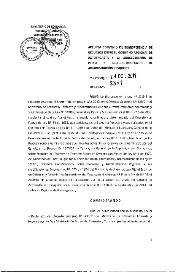 Res. Ex. N°2881-2013, Aprueba convenio de transferencia de recursos entre Gobierno Regional de Antofagasta y la Subsecretaría de Pesca y Acuicultura / Fondo de Administración Pesquero