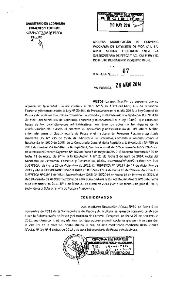 Res. Af. N°07-2014, Aprueba modificación de convenio programa de extensión de vida útil B/C Abate Molina, celebrado entre la Subsecretaría de Pesca y Acuicultura y el Instituto de Fomento Pesquero (IFOP)