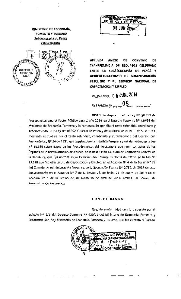 Res. Af. N°08-2014, Aprueba anexo de convenio de transferencia de recursos celebrado entre la Subsecretaría de Pesca y Acuicultura / Fondo de Administración Pesquero y el Servicio Nacional de Capacitación y Empleo