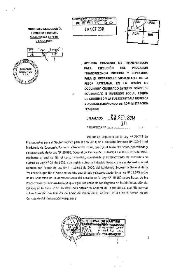 Res. Af. N°10-2014, Aprueba convenio de transferencia para ejecución de programa "Transferencia integral y replicable para el desarrollo sustentable de la pesca artesanal en la región de Coquimbo" celebrado entre el Fondo de Solidaridad e Inversión Social región de Coquimbo y la Subsecretaría de Pesca y Acuicultura / Fondo de Administración Pesquero