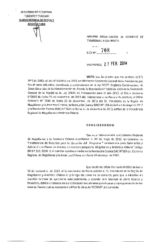 Res. Ex. N°708-2014, Aprueba modificación de convenio de transferencia que indica