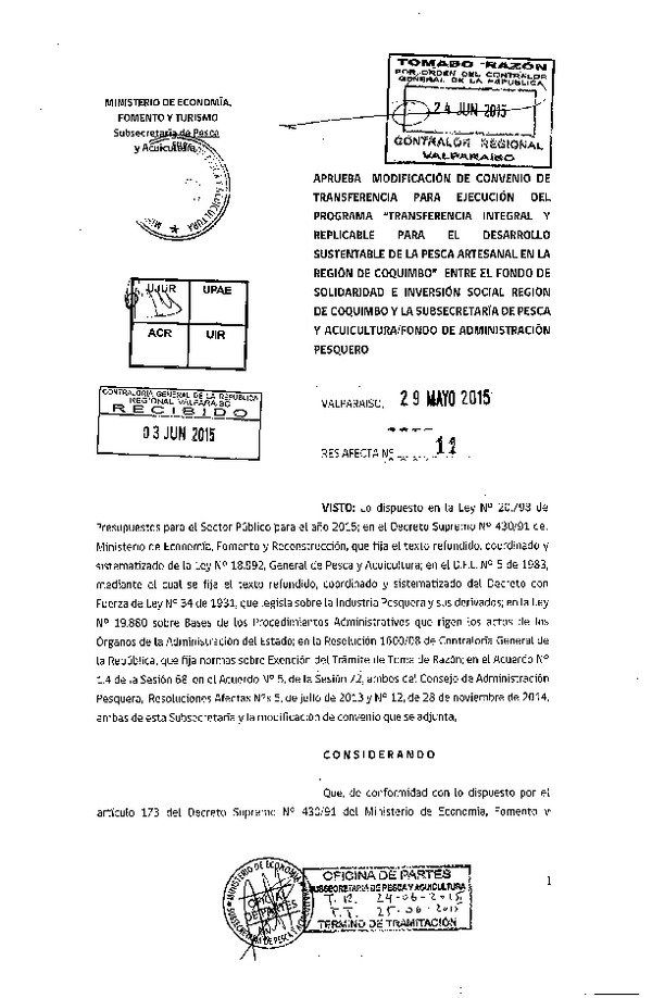 Res. Af. N°11-2015, Aprueba modificación de convenio de transferencia para ejecución de programa "Transferencia integral y replicable para el desarrollo sustentable de la pesca artesanal en la región de Coquimbo" entre el Fondo de Solidaridad e Inversión Social región de Coquimbo y la Subsecretaría de Pesca y Acuicultura / Fondo de Administración Pesquero