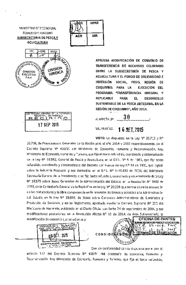 Res. Af. N°30-2015, Aprueba modificación de convenio de transferencia de recursos celebrado entre la Subsecretaría de Pesca y Acuicultura y el Fondo de Solidaridad e Inversión Social, FOSIS, región de Coquimbo, para la ejecución de programa "Transferencia integral y replicable para el desarrollo sustentable de la pesca artesanal en la región de Coquimbo", año 2014