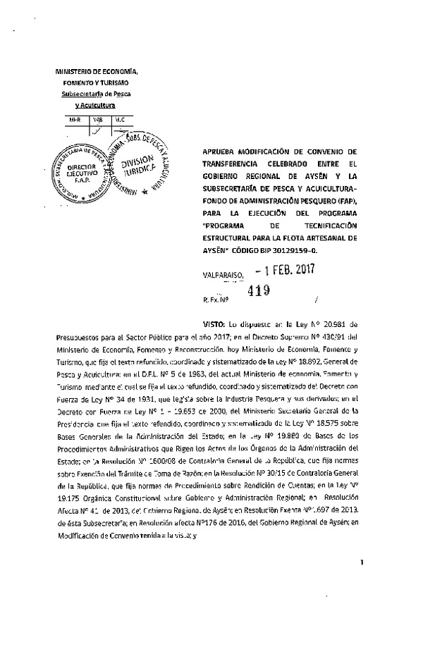 Res. Ex. N°419-2017, Aprueba modificación de convenio de transferencia celebrado entre el Gobierno Regional de Aysén y la Subsecretaría de Pesca y Acuicultura - Fondo de Administración Pesquero (FAP), para la ejecución del "Programa de tecnificación estructural para la flota artesanal de Aysén" Código BIP 30129159-0