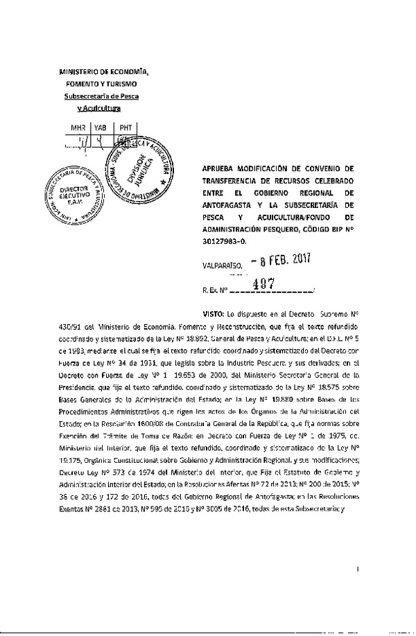Res. Ex. N°497-2017, Aprueba modificación al convenio de transferencia de recursos entre el Gobierno Regional de Antofagasta y la Subsecretaría de Pesca y Acuicultura / Fondo de Administración Pesquero, código BIP 30127983-0
