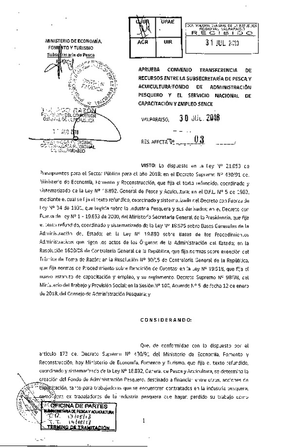 Res. Af. N°03-2018, Aprueba convenio transferencia de recursos entre la Subsecretaría de Pesca y Acuicultura / Fondo de Administración Pesquero y el Servicio Nacional de Capacitación y Empleo SENCE