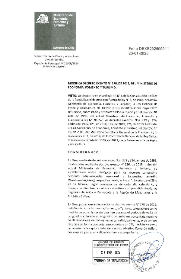 Dec. Ex. Folio 202500011 Modifica Dec. Ex. N° 170-2019 Establece Porcentaje de Desembarque de Langostino Colorado y Langostino Amarillo Como Fauna Acompañante de Especie que Indica. (Publicado en Página Web 29-01-2025)(F.D.O. 08-02-2025)