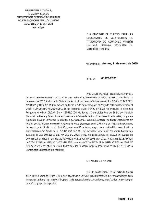 Res. Ex. N° 225-2025 Fija densidad de cultivo para las concesiones de acuicultura de titularidad de Aquachile Maullín Limitada. Aprueba programa de manejo que indica. (Con Informe Técnico) (Publicado en Página Web 31-01-2025)