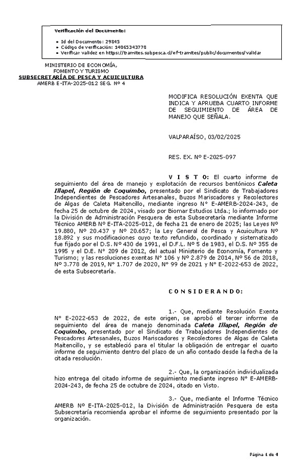 RES. EX. Nº E-2025-097 Modifica resolución que indica, Aprueba cuarto informe de seguimiento. (Publicado en Página Web 04-02-2025)