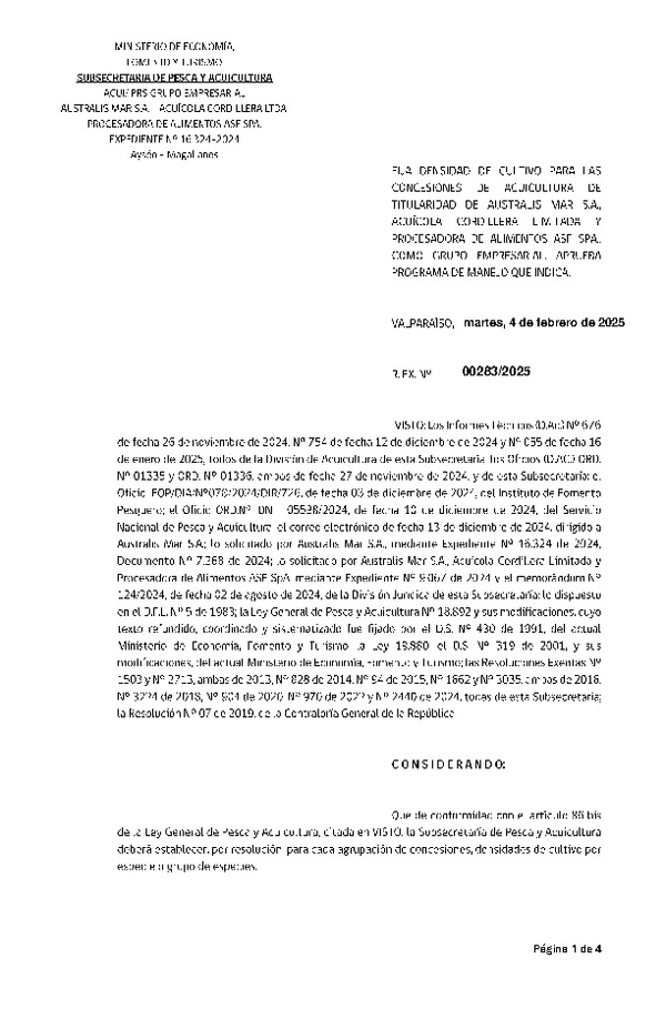 Res. Ex. N° 283-2025 Fija densidad de cultivo para las concesiones de acuicultura de titularidad de Australis Mar S.A., Acuícola Cordillera Limitada y Procesadora de Alimentos ASF SpA., como grupo empresarial. Aprueba programa de manejo que indica. (Con Informe Técnico) (Publicado en Página Web 05-02-2025)