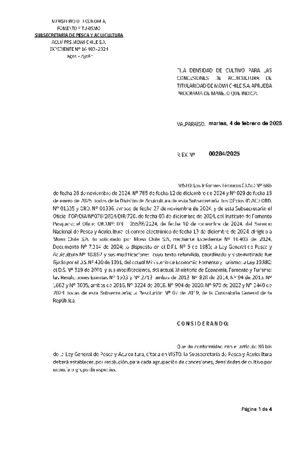 Res. Ex. N° 284-2025 Fija densidad de cultivo para las concesiones de acuicultura de titularidad de Mowi Chile S.A. Aprueba programa de manejo que indica. (Con Informe Técnico) (Publicado en Página Web 05-02-2025)