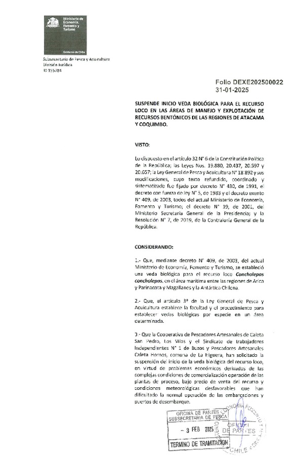 Dec. Ex. Folio 202500022 Suspende Veda Biológica para el Recurso Loco, en el Áreas de Manejo y Explotación de Recursos Bentónicos de las de Atacama y Coquimbo. (Publicado en Página Web 05-02-2025)(F.D.O. 20-02-2025)