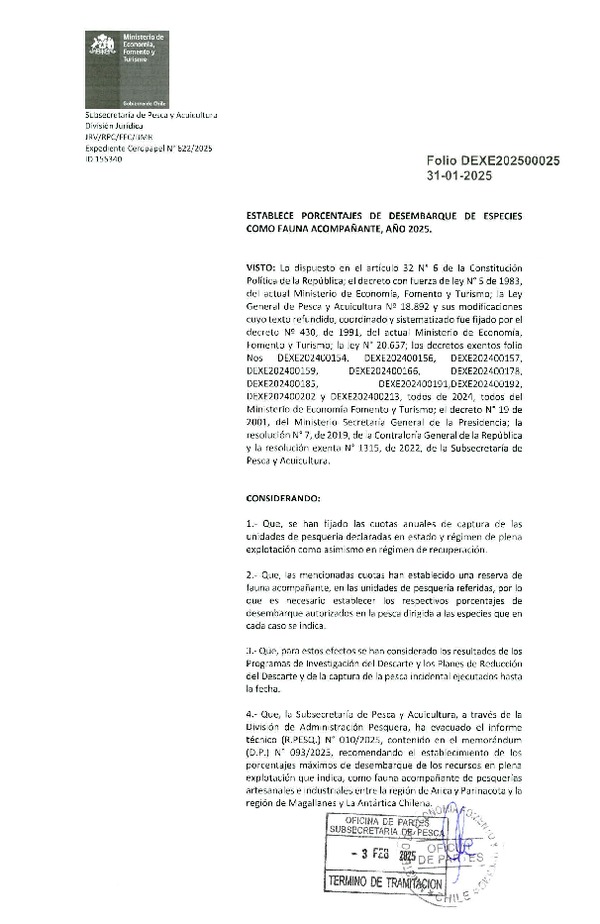 Dec. Ex. Folio 202500025 Establece Porcentajes de Desembarque de Especies como Fauna Acompañante, año 2025. (Publicado en Página Web 05-02-2025)(F.D.O. 11-02-2025)