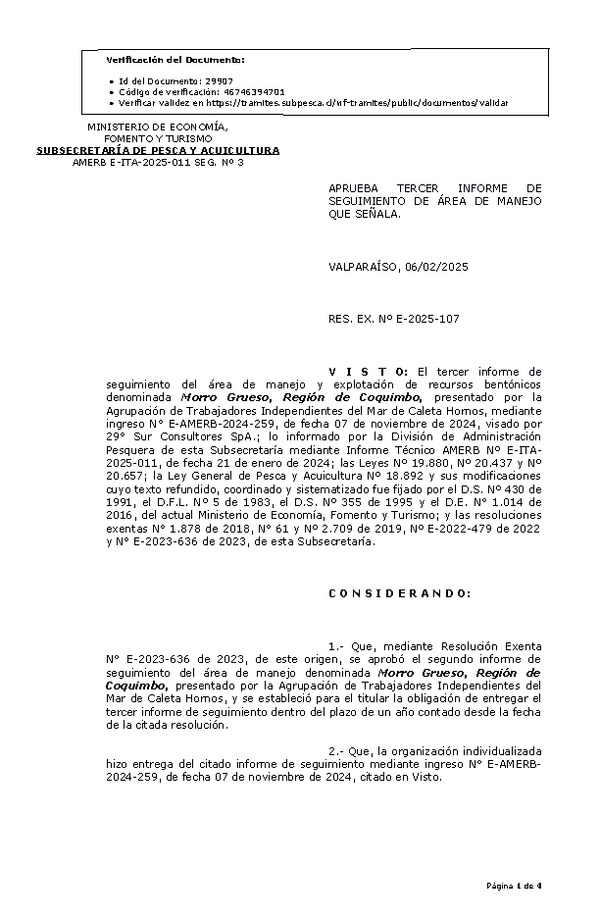 RESOL. EXENTA Nº E-2025-107 Aprueba tercer informe de seguimiento. (Publicado en Página Web 07-02-2025)