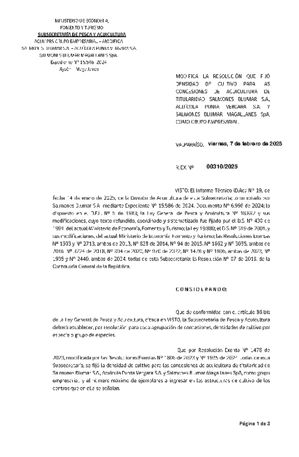 Res. Ex. N° 310-2025 Modifica Res. Ex. N° 1478-2023 Fija densidad de cultivo para las concesiones de acuicultura de titularidad de Salmones Blumar S.A., Acuícola Punta Vergara S.A. y Salmones Blumar Magallanes SpA., como grupo empresarial. (Con informe técnico) (Publicado en Página Web 07-02-2025)