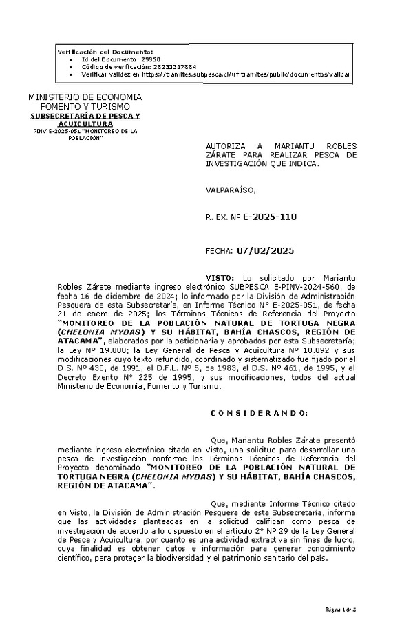RESOL. EXENTA Nº E-2025-110 AUTORIZA A MARIANTU ROBLES ZÁRATE PARA REALIZAR PESCA DE INVESTIGACIÓN QUE INDICA. (Publicado en Página Web 07-02-2025)
