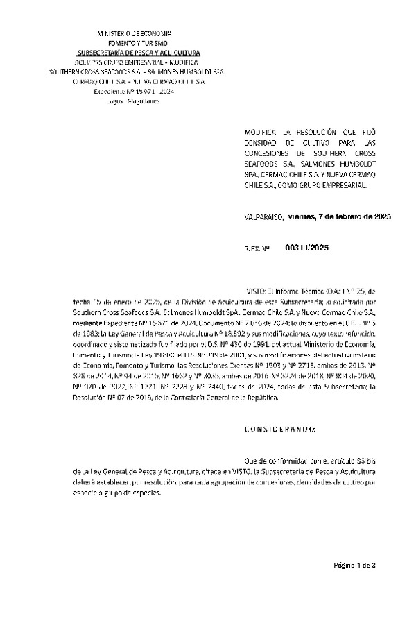 Res. Ex. N° 311-2025 Modifica Res. Ex. N° 1771-2024 Fija densidad de cultivo para las concesiones de acuicultura de Southern Cross Seafoods S.A., Salmones Humboldt SpA., Cermaq Chile S.A. y Nueva Cermaq Chile S.A., como Grupo Empresarial. (Con informe técnico) (Publicado en Página Web 07-02-2025)