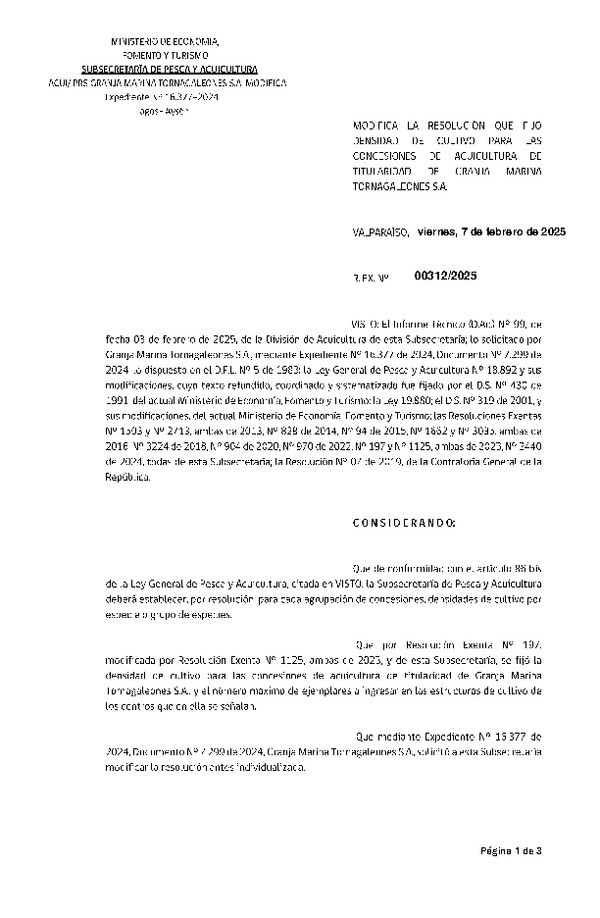 Res. Ex. N° 312-2025 Modifica Res. Ex. N° 197-2023 Fija densidad de cultivo para las concesiones de acuicultura de titularidad de Granja Marina Tornagaleones S.A. (Con Informe Técnico) (Publicado en Página Web 07-02-2025)