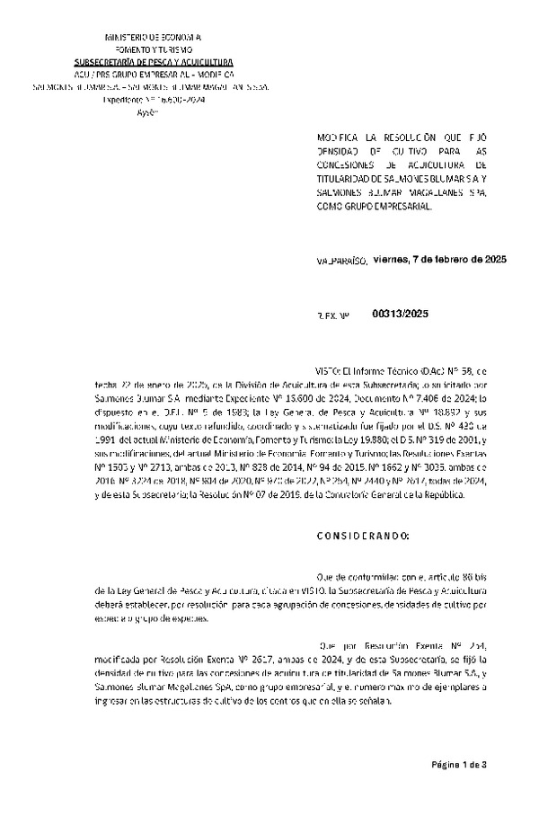 Res. Ex. N° 313-2025 Modifica Res. Ex. N° 00254-2024 Fija densidad de cultivo para las concesiones de acuicultura de titularidad de Salmones Blumar S.A.y Salmones Blumar Magallanes SpA., como grupo empresarial. (Con informe técnico) (Publicado en Página Web 07-02-2025)