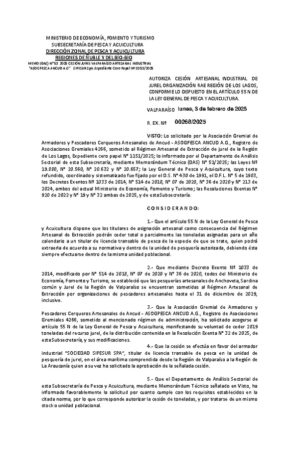 Res. Ex N° 00268-2025, Autoriza Cesión de Jurel Región de Los Lagos. (Publicado en Página Web 10-02-2025).