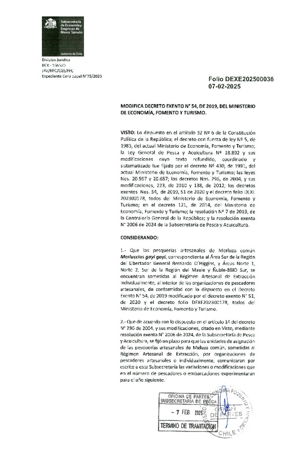 Dec. Ex. Folio 202500036 Modifica Dec. Ex. N° 54-2019 Establece Régimen Artesanal de Extracción Individual para la Pesquería Artesanal de Merluza común, Regiones del Libertador General Bernardo O’ Higgins y del Maule. (Publicado en Página Web 10-02-2025)(F.D.O. 20-02-2025)
