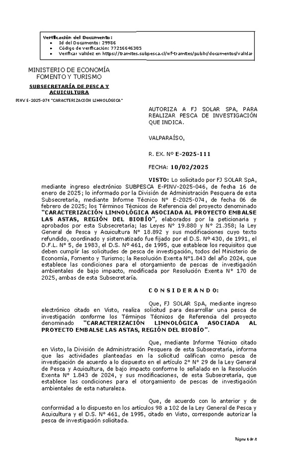 R. EX. Nº E-2025-111 AUTORIZA A FJ SOLAR SPA, PARA REALIZAR PESCA DE INVESTIGACIÓN QUE INDICA. (Publicado en Página Web 10-02-2025)