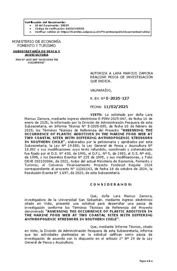 R.Ex. Nº E-2025-127 AUTORIZA A LARA MARCUS ZAMORA REALIZAR PESCA DE INVESTIGACIÓN QUE INDICA. (Publicado en Página Web 12-02-2025)