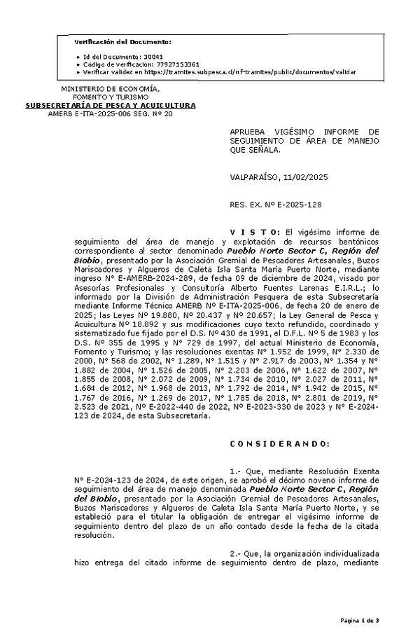 Res. Ex. Nº E-2025-128 Aprueba 20° seguimiento. (Publicado en Página Web 12-02-2025)
