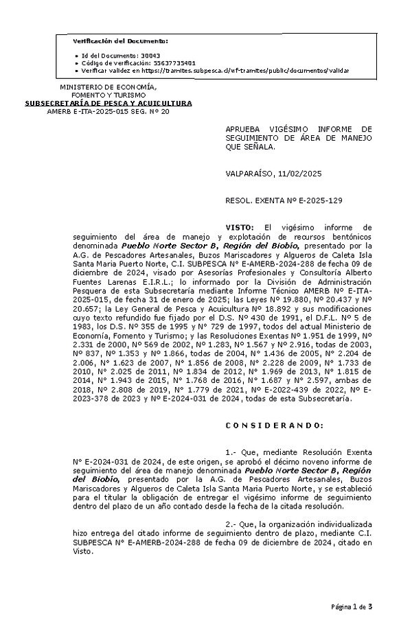 Res. Ex. Nº E-2025-129 Aprueba 20° seguimiento. (Publicado en Página Web 12-02-2025)