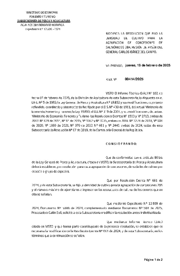 Res. Ex Nº 414-2025 Modifica Res. Ex. N° 661-2024, Fija Densidad de Cultivo para las Agrupación de Concesiones de Salmónidos 28A en la Región de Aysén. (Con informe técnico) (Publicado en Página Web 14-02-2025)