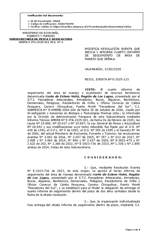 RESOL. EXENTA Nº E-2025-133 Modifica resolución que indica, Aprueba 4° seguimiento. (Publicado en Página Web 17-02-2025)