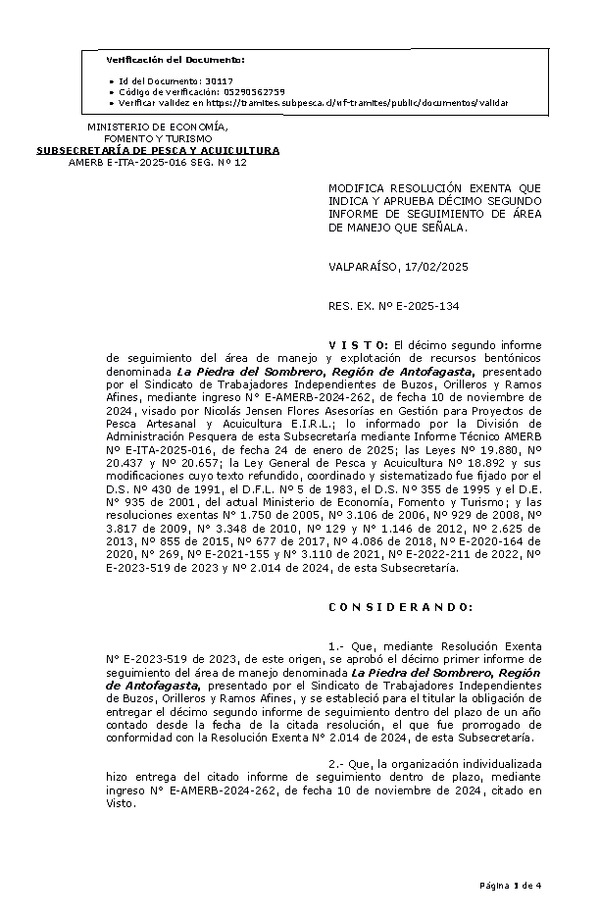 RESOL. EXENTA Nº E-2025-134 Modifica resolución que indica, Aprueba 12° seguimiento. (Publicado en Página Web 17-02-2025)