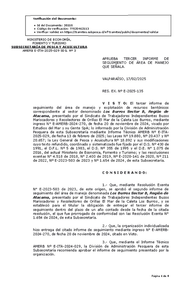 RESOL. EXENTA Nº E-2025-135 Aprueba 3° Seguimiento. (Publicado en Página Web 17-02-2025)