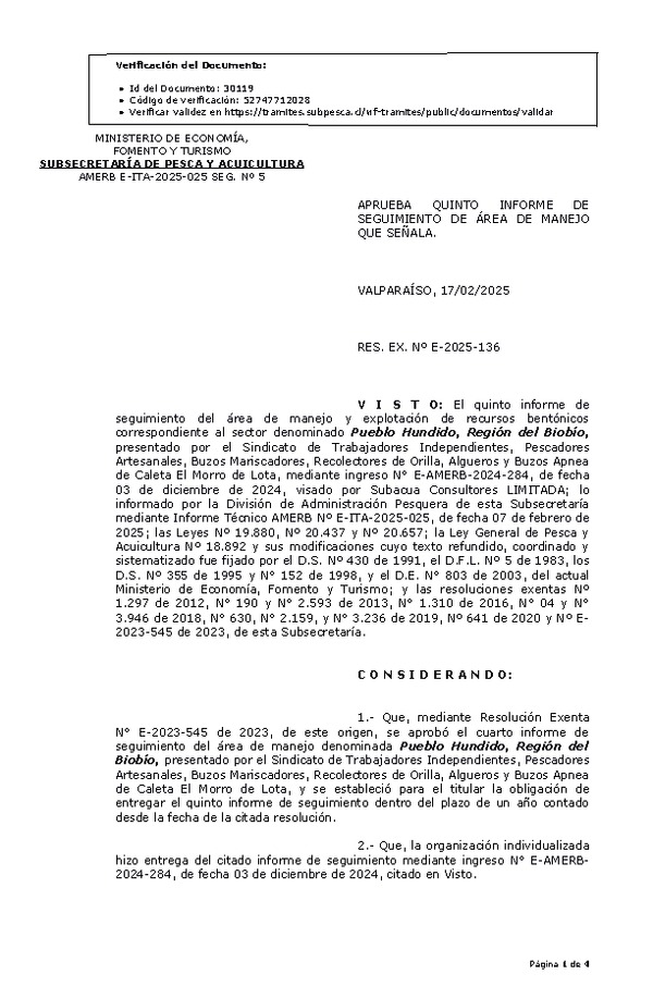 RESOL. EXENTA Nº E-2025-136 Aprueba 5° seguimiento. (Publicado en Página Web 17-02-2025)
