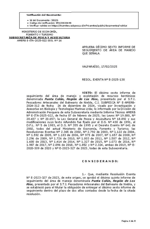 RESOL. EXENTA Nº E-2025-138 Aprueba 16° Seguimiento. (Publicado en Página Web 17-02-2025)