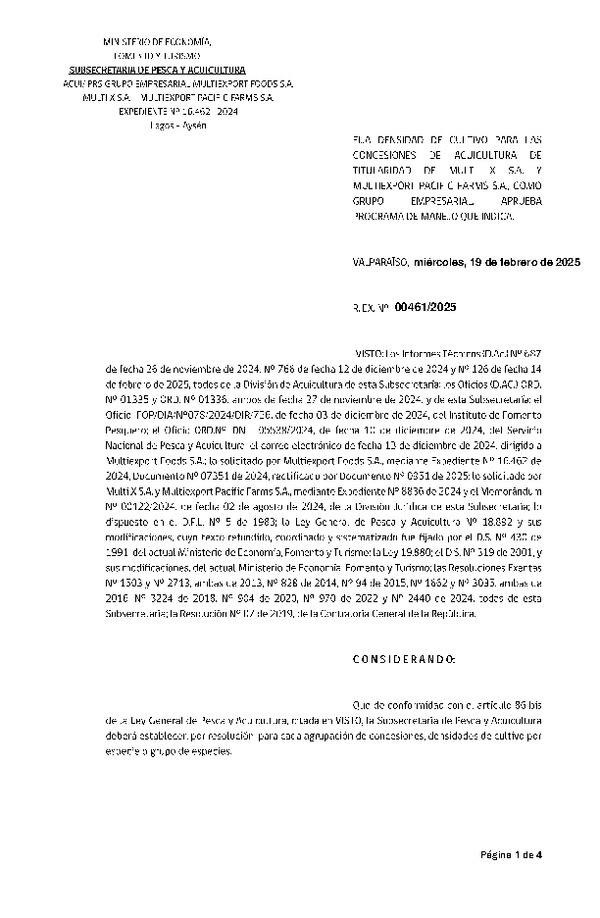 Res. Ex. N°461-2025 Fija densidad de cultivo para las concesiones de Acuicultura de Titularidad de Multi X S.A. y Multiexport Pacific Farms S.A., como grupo empresarial. Aprueba programa de manejo que indica. (Con informe Técnico)(Publicado en Página Web 20-02-2025)