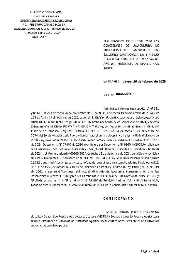 Res. Ex. N° 466-2025 Fija densidad de cultivo para las concesiones de acuicultura de titularidad de Camanchaca S.A., Salmones Camanchaca S.A. y Fiordo Blanco S.A. como grupo empresarial. Aprueba programa de manejo que indica. (Con Informe Técnico) (Publicado en Página Web 21-02-2025)