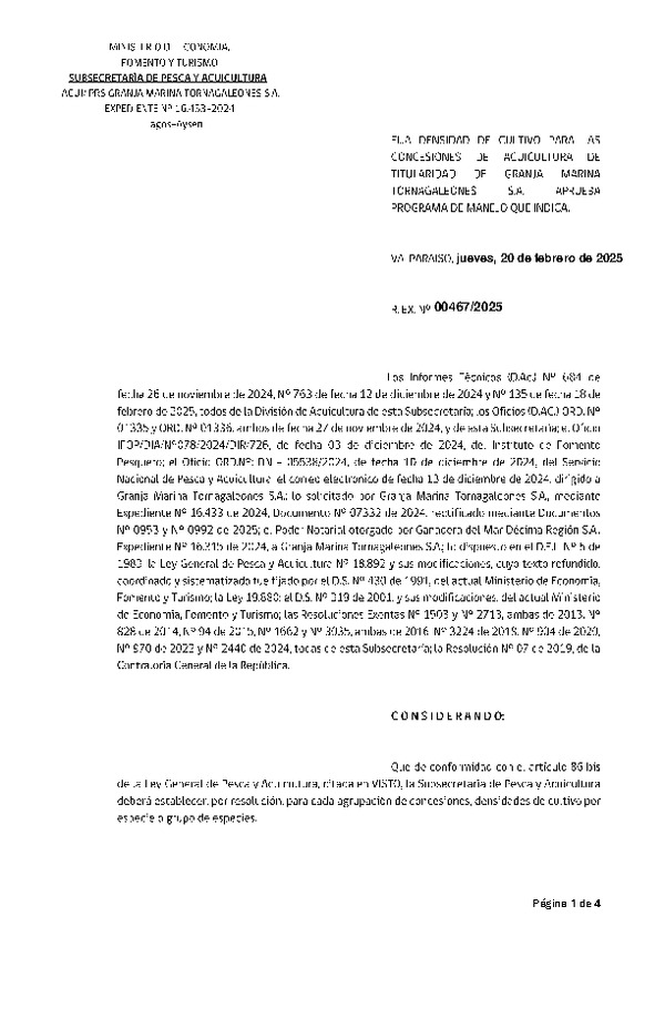 Res. Ex. N° 467-2025 Fija densidad de cultivo para las concesiones de acuicultura de titularidad de Granja Marina Tornagaleones S.A. Aprueba programa de manejo que indica. (Con Informe Técnico) (Publicado en Página Web 21-02-2025)