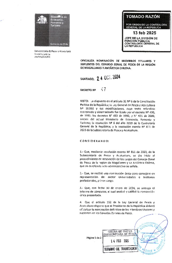 D.S. 47-2024 Oficializa Nominación de los Miembros Titulares y Suplentes del Consejo Zonal de Pesca de la Región de Magallanes y Antártica Chilena. (Publicado en Página Web 24-02-2025)