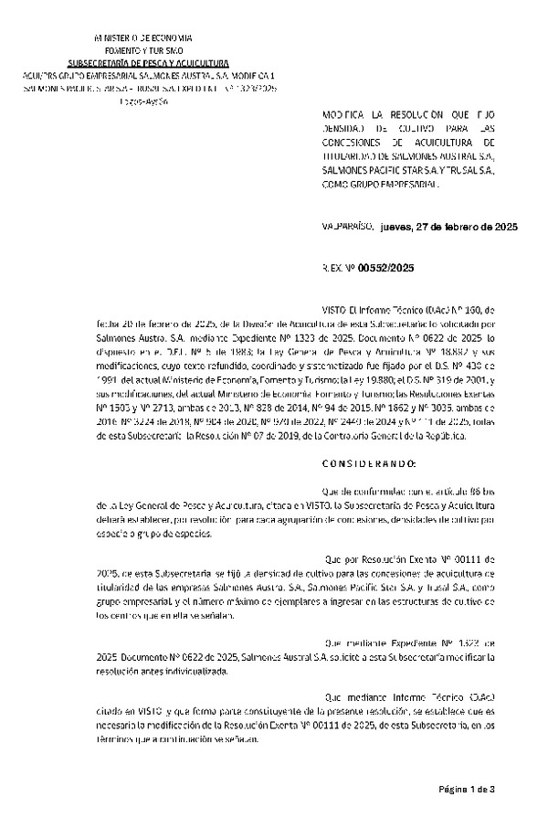 Res. Ex. Nº 552-2025 Modifica Res. Ex. N° 111-2025 Fija densidad de cultivo para las concesiones de acuicultura de titularidad de Salmones Austral S.A., Salmones Pacific Star S.A. y Trusal S.A., como grupo empresarial. (Con Informe Técnico) (Publicado en Página Web 27-01-2025)