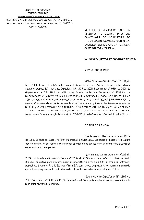Res. Ex. Nº 556-2025 Modifica Res. Ex. N° 00253-2024 Fija densidad de cultivo para las concesiones de acuicultura de titularidad de Salmones Austral S.A., Salmones Pacific Strar S.A. y Trusal S.A., como grupo empresarial. (Con informe técnico) (Publicado en Página Web 27-02-2025)