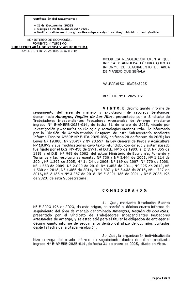 RESOL. EXENTA Nº E-2025-151 Modifica resolución que indica, Aprueba décimo quinto informe de seguimiento. (Publicado en Página Web 04-03-2025)