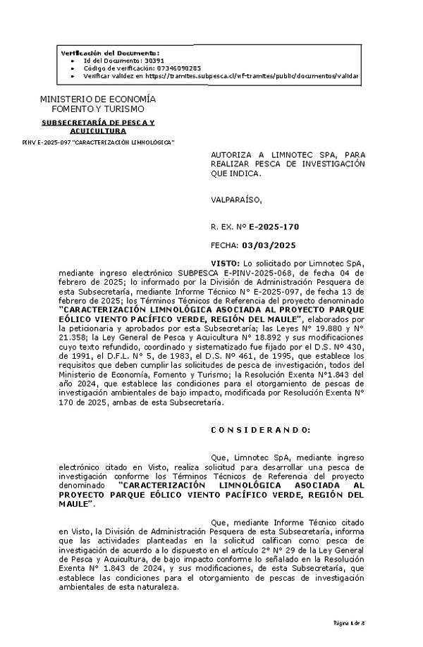 R. EX. Nº E-2025-170 AUTORIZA A LIMNOTEC SPA, PARA REALIZAR PESCA DE INVESTIGACIÓN QUE INDICA. (Publicado en Página Web 04-03-2025)