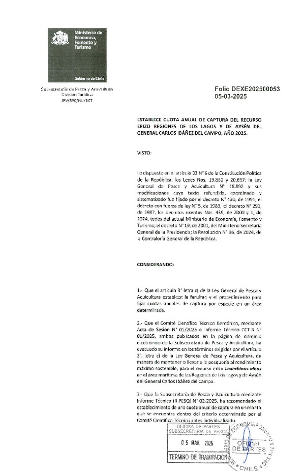 Dec. Ex. Folio 202500053 Establece Cuota Anual de Captura del Recurso Erizo, Regiones de Los Lagos y de Aysén del General Carlos Ibañez del Campo, Año 2025. (Publicado en Página Web 06-03-2025)