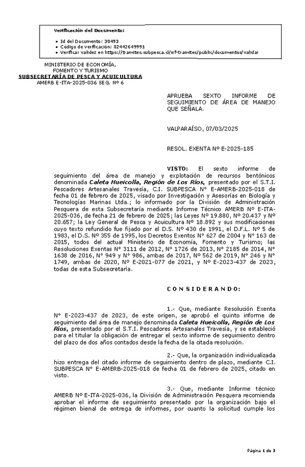 RESOL. EXENTA Nº E-2025-185 Aprueba sexto informe de seguimiento. (Publicado en Página Web 10-03-2025)