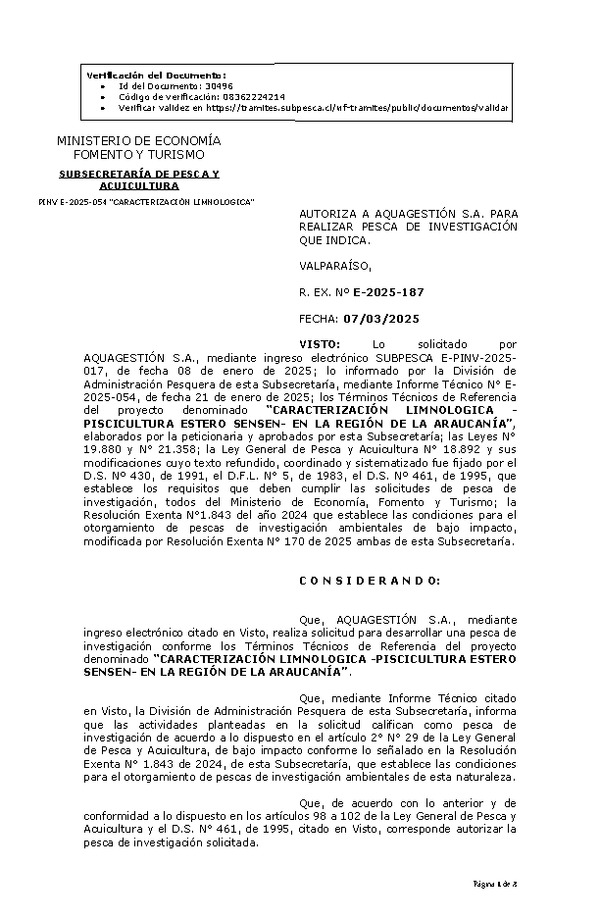 R. EX. Nº E-2025-187 AUTORIZA A AQUAGESTIÓN S.A. PARA REALIZAR PESCA DE INVESTIGACIÓN QUE INDICA. (Publicado en Página Web 10-03-2025)