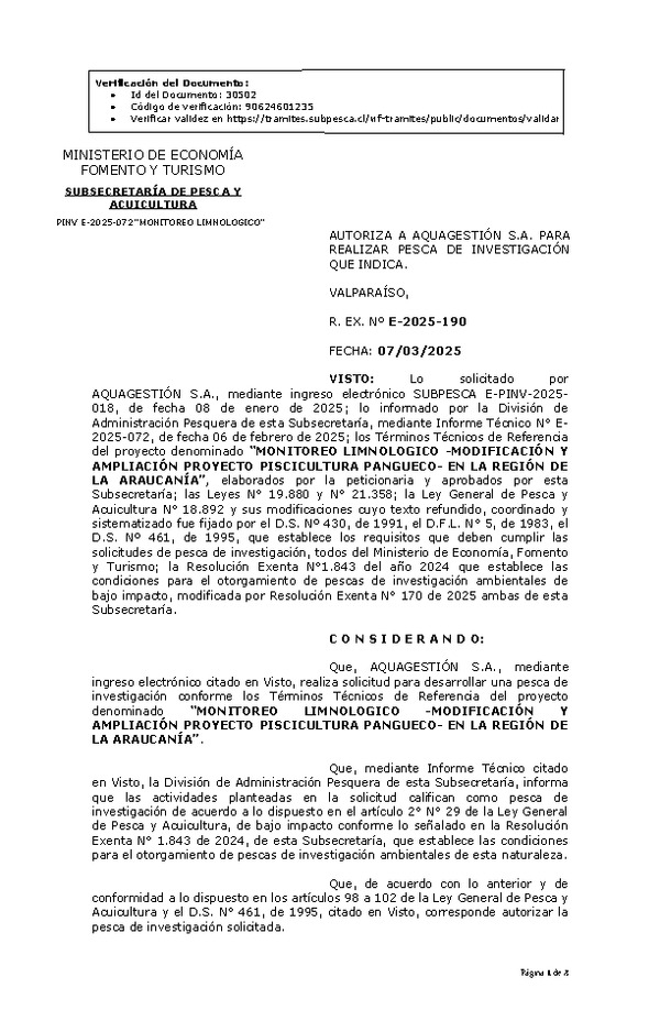 R. EX. Nº E-2025-190 AUTORIZA A AQUAGESTIÓN S.A. PARA REALIZAR PESCA DE INVESTIGACIÓN QUE INDICA. (Publicado en Página Web 10-03-2025)