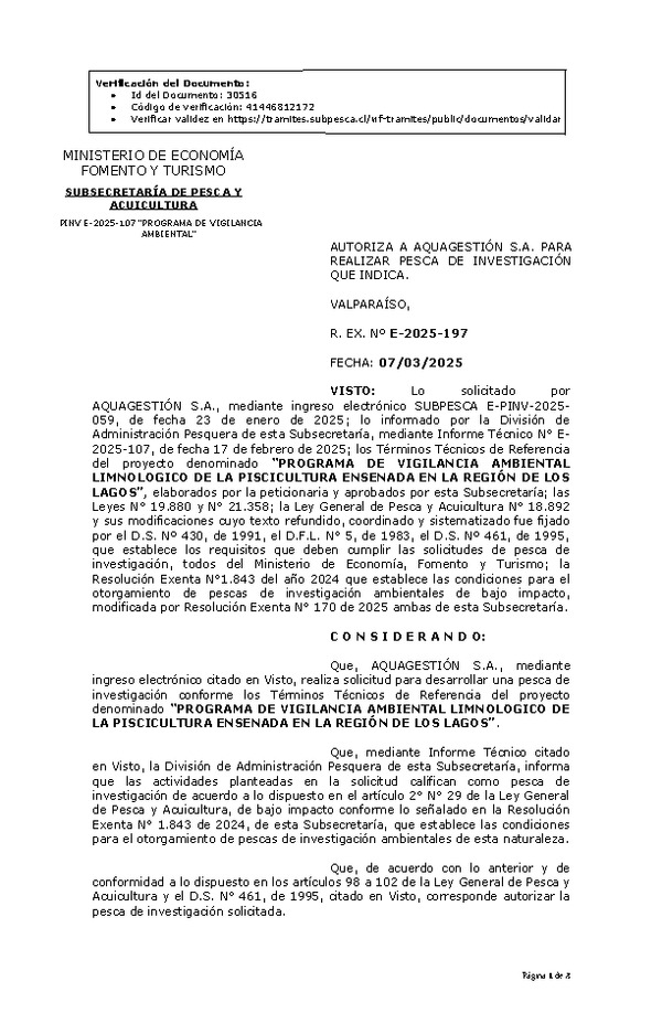 R. EX. Nº E-2025-197 AUTORIZA A AQUAGESTIÓN S.A. PARA REALIZAR PESCA DE INVESTIGACIÓN QUE INDICA. (Publicado en Página Web 10-03-2025)